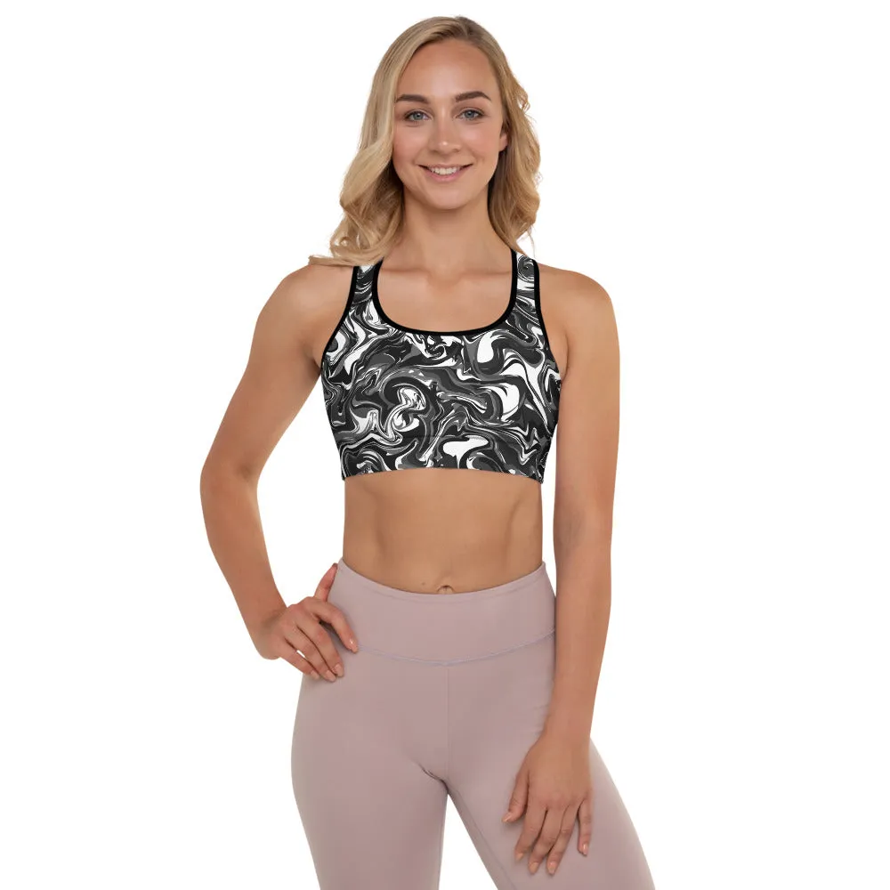 Black Abstract Padded Sports Bra, Best Women's Marbled Workout Bra-Made in USA/EU/MX