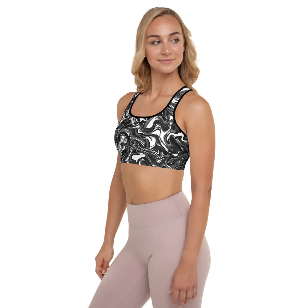 Black Abstract Padded Sports Bra, Best Women's Marbled Workout Bra-Made in USA/EU/MX