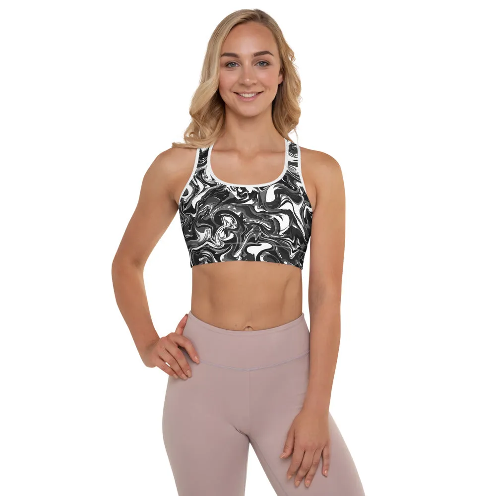 Black Abstract Padded Sports Bra, Best Women's Marbled Workout Bra-Made in USA/EU/MX