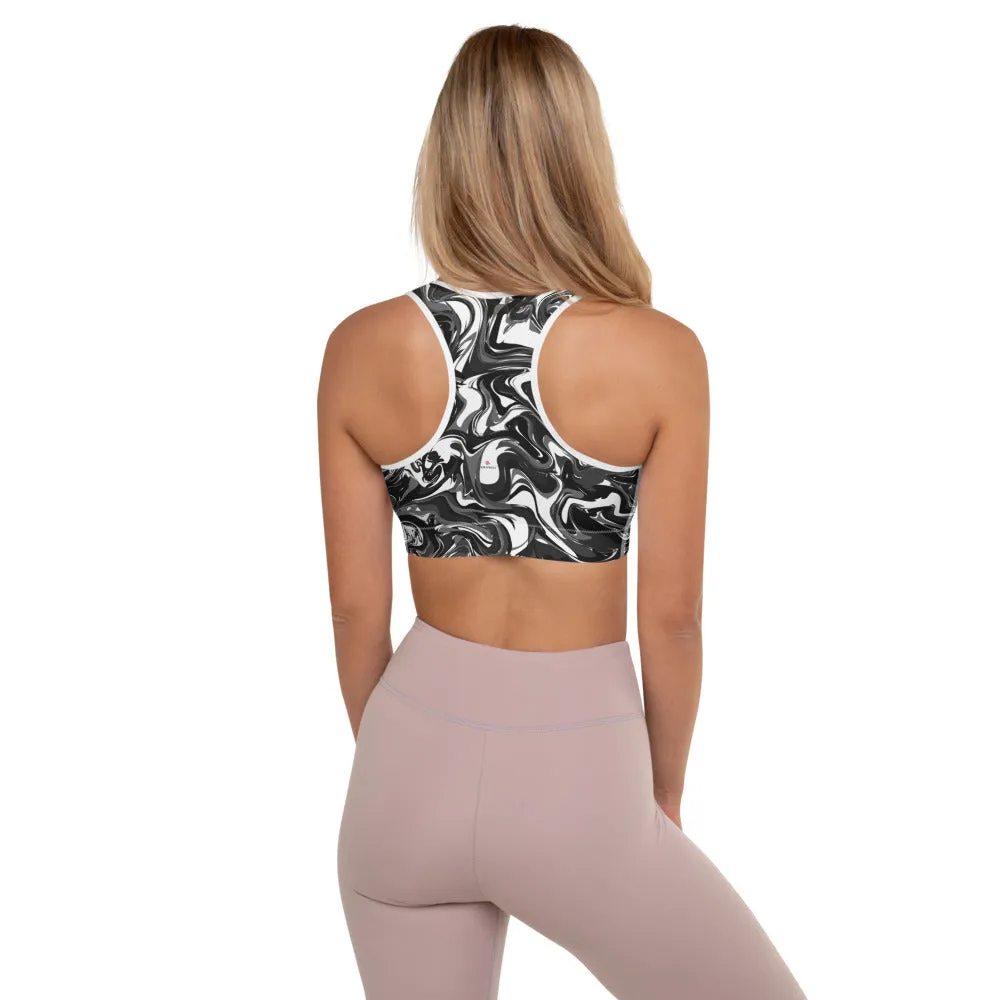 Black Abstract Padded Sports Bra, Best Women's Marbled Workout Bra-Made in USA/EU/MX