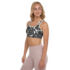 Black Abstract Padded Sports Bra, Best Women's Marbled Workout Bra-Made in USA/EU/MX