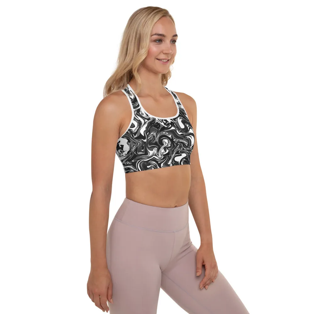 Black Abstract Padded Sports Bra, Best Women's Marbled Workout Bra-Made in USA/EU/MX