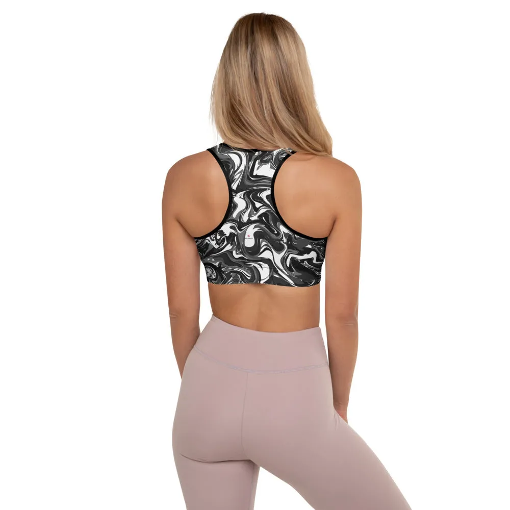 Black Abstract Padded Sports Bra, Best Women's Marbled Workout Bra-Made in USA/EU/MX