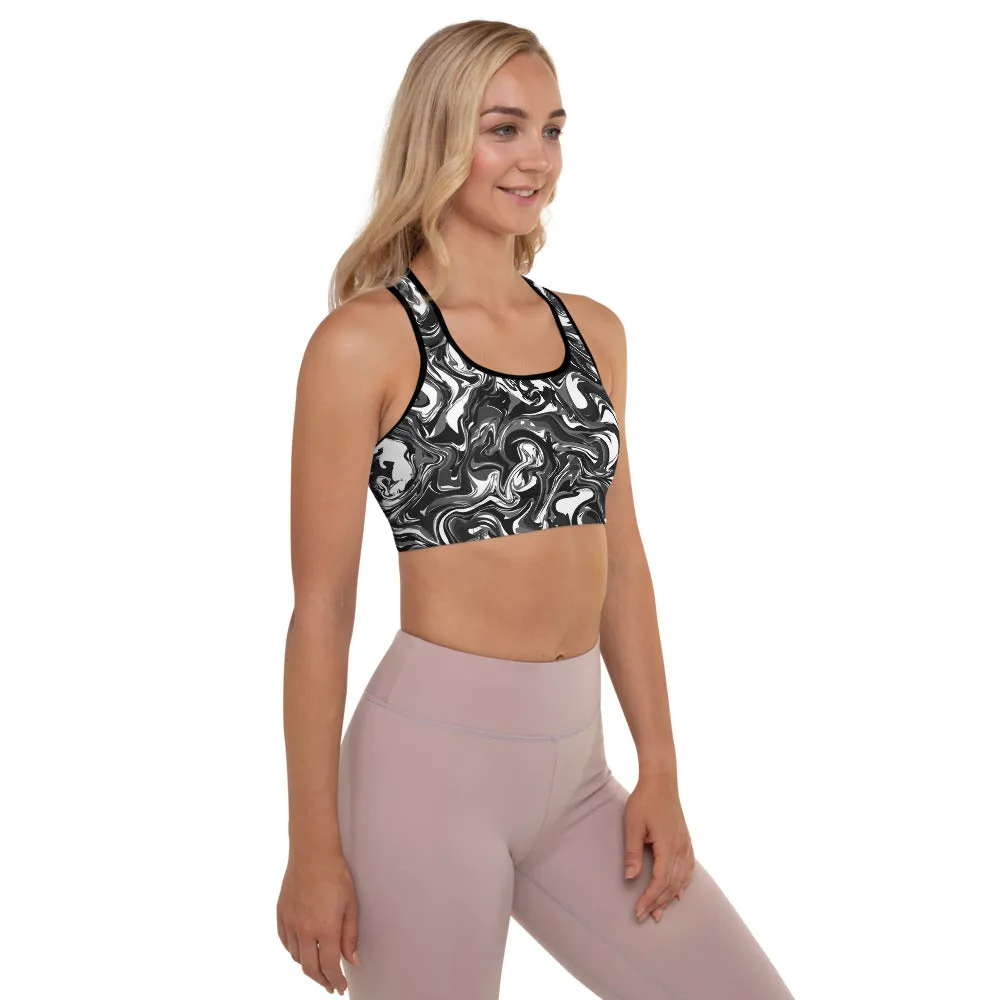 Black Abstract Padded Sports Bra, Best Women's Marbled Workout Bra-Made in USA/EU/MX