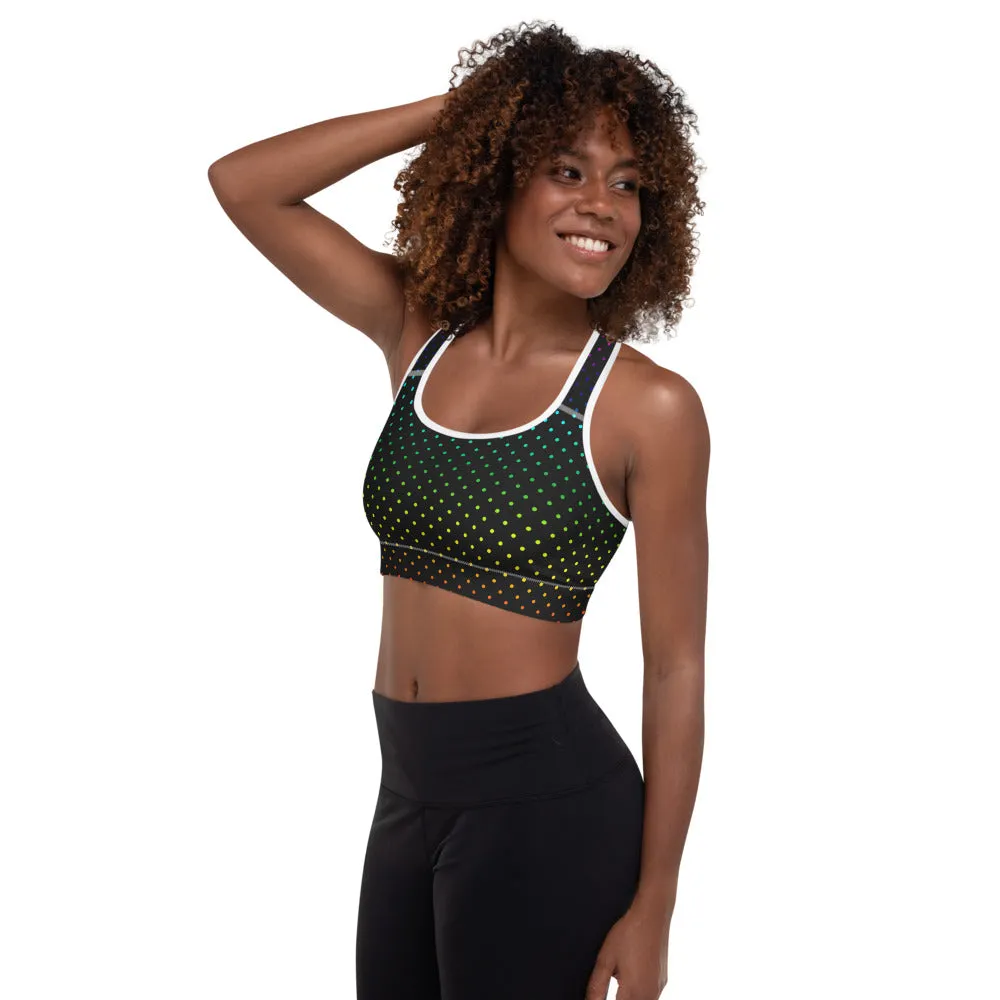 Black Dots Sports Bra, Rainbow Dots Rainbow Women's Padded Gym Bra-Made in USA/EU