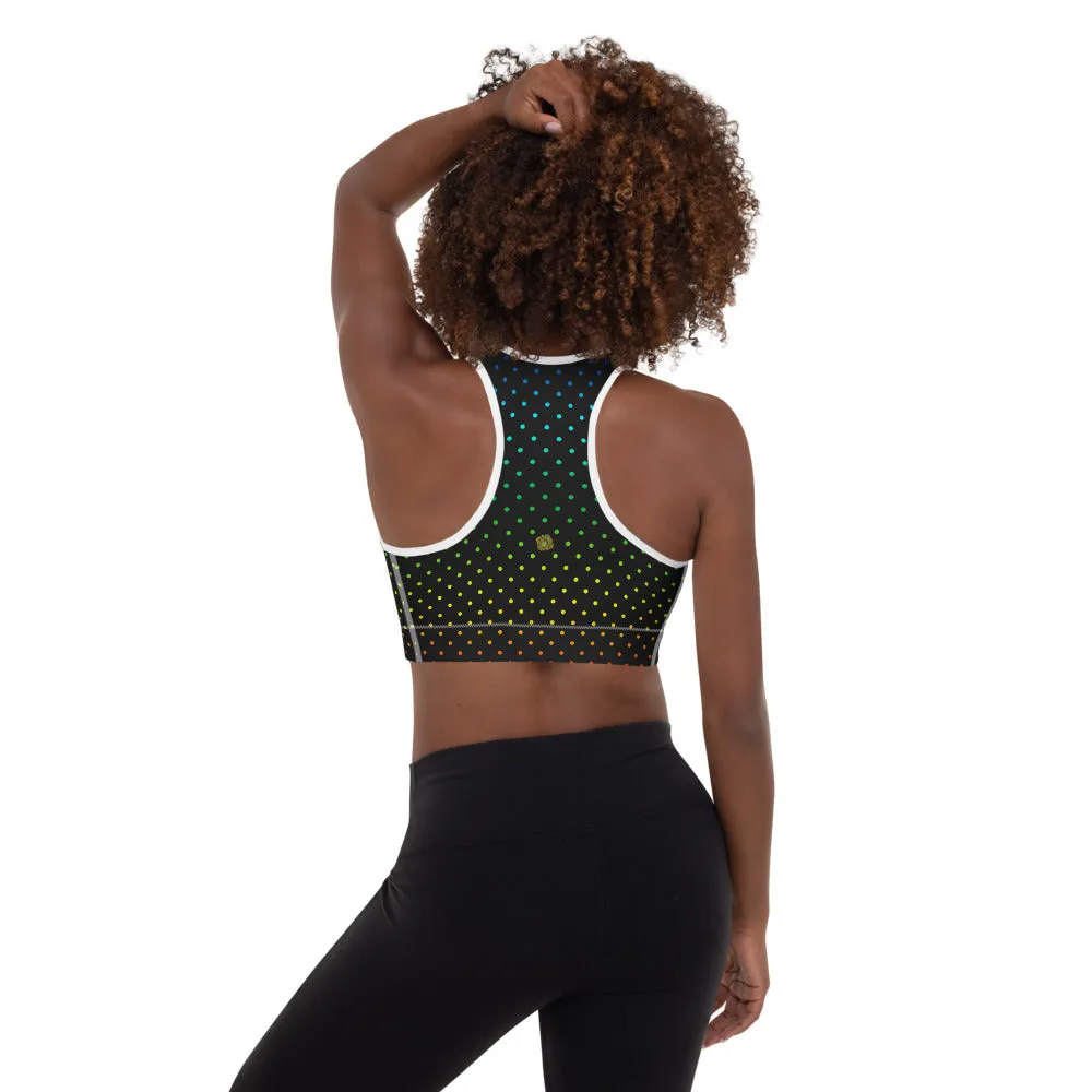 Black Dots Sports Bra, Rainbow Dots Rainbow Women's Padded Gym Bra-Made in USA/EU