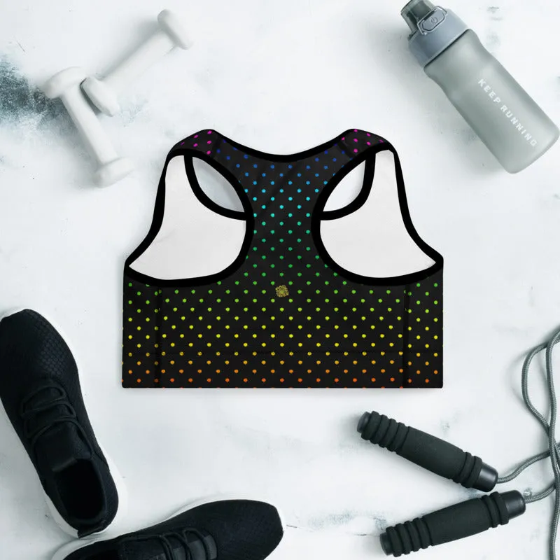 Black Dots Sports Bra, Rainbow Dots Rainbow Women's Padded Gym Bra-Made in USA/EU