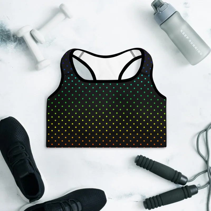 Black Dots Sports Bra, Rainbow Dots Rainbow Women's Padded Gym Bra-Made in USA/EU