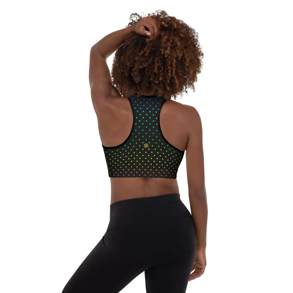 Black Dots Sports Bra, Rainbow Dots Rainbow Women's Padded Gym Bra-Made in USA/EU
