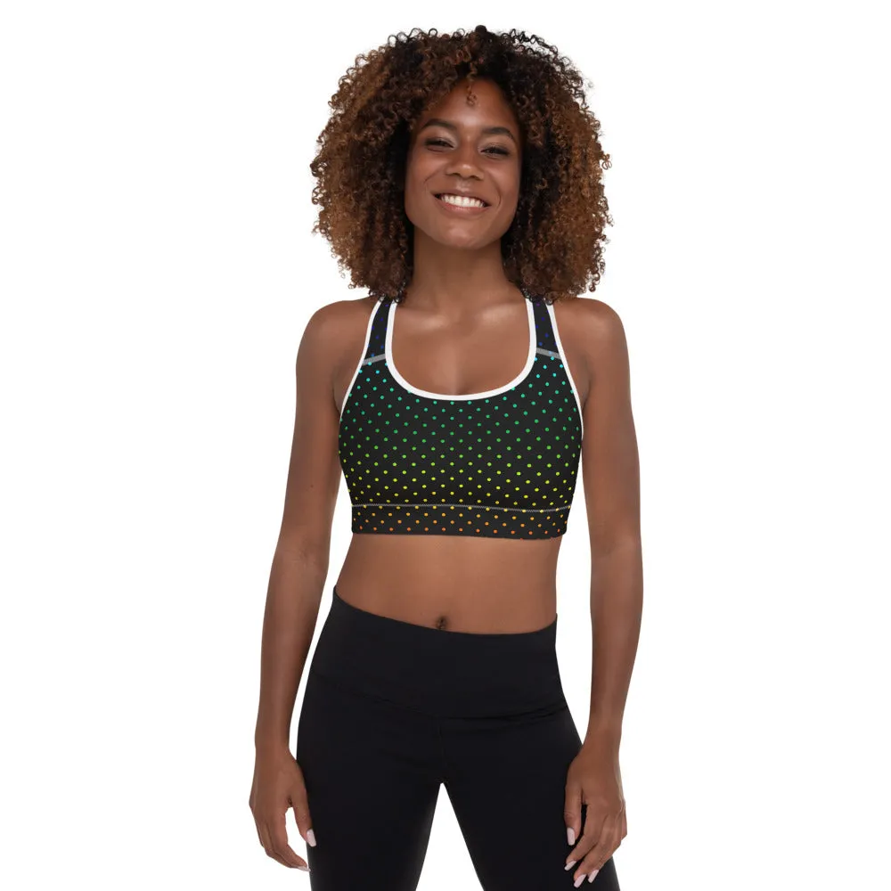 Black Dots Sports Bra, Rainbow Dots Rainbow Women's Padded Gym Bra-Made in USA/EU