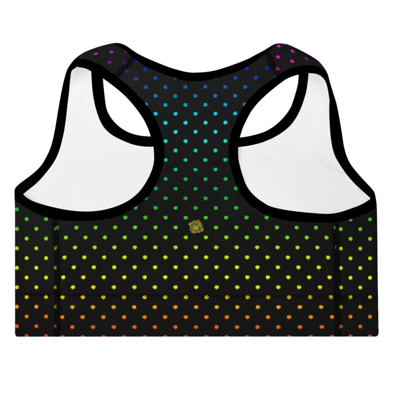 Black Dots Sports Bra, Rainbow Dots Rainbow Women's Padded Gym Bra-Made in USA/EU