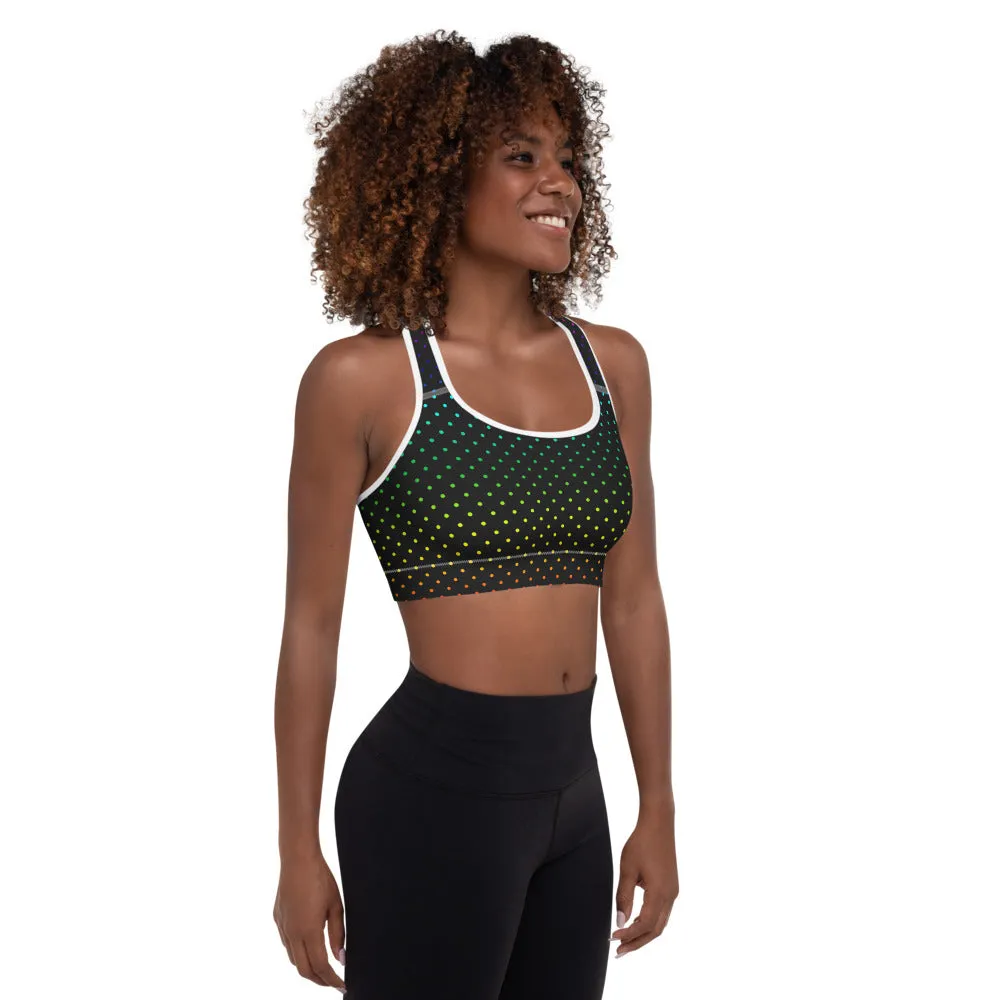 Black Dots Sports Bra, Rainbow Dots Rainbow Women's Padded Gym Bra-Made in USA/EU