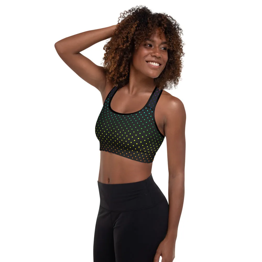 Black Dots Sports Bra, Rainbow Dots Rainbow Women's Padded Gym Bra-Made in USA/EU