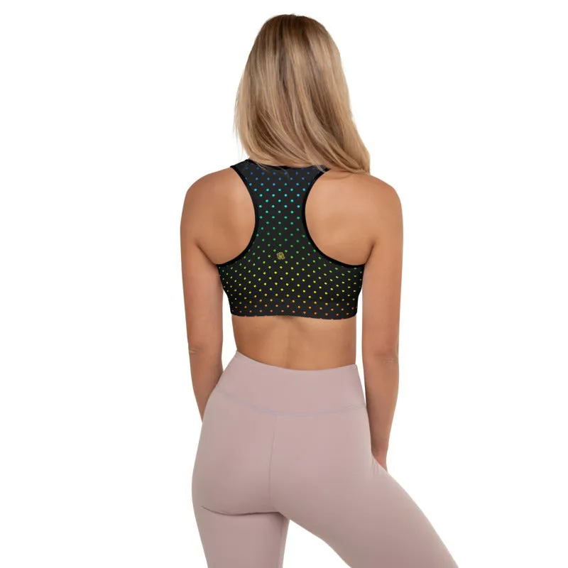 Black Dots Sports Bra, Rainbow Dots Rainbow Women's Padded Gym Bra-Made in USA/EU