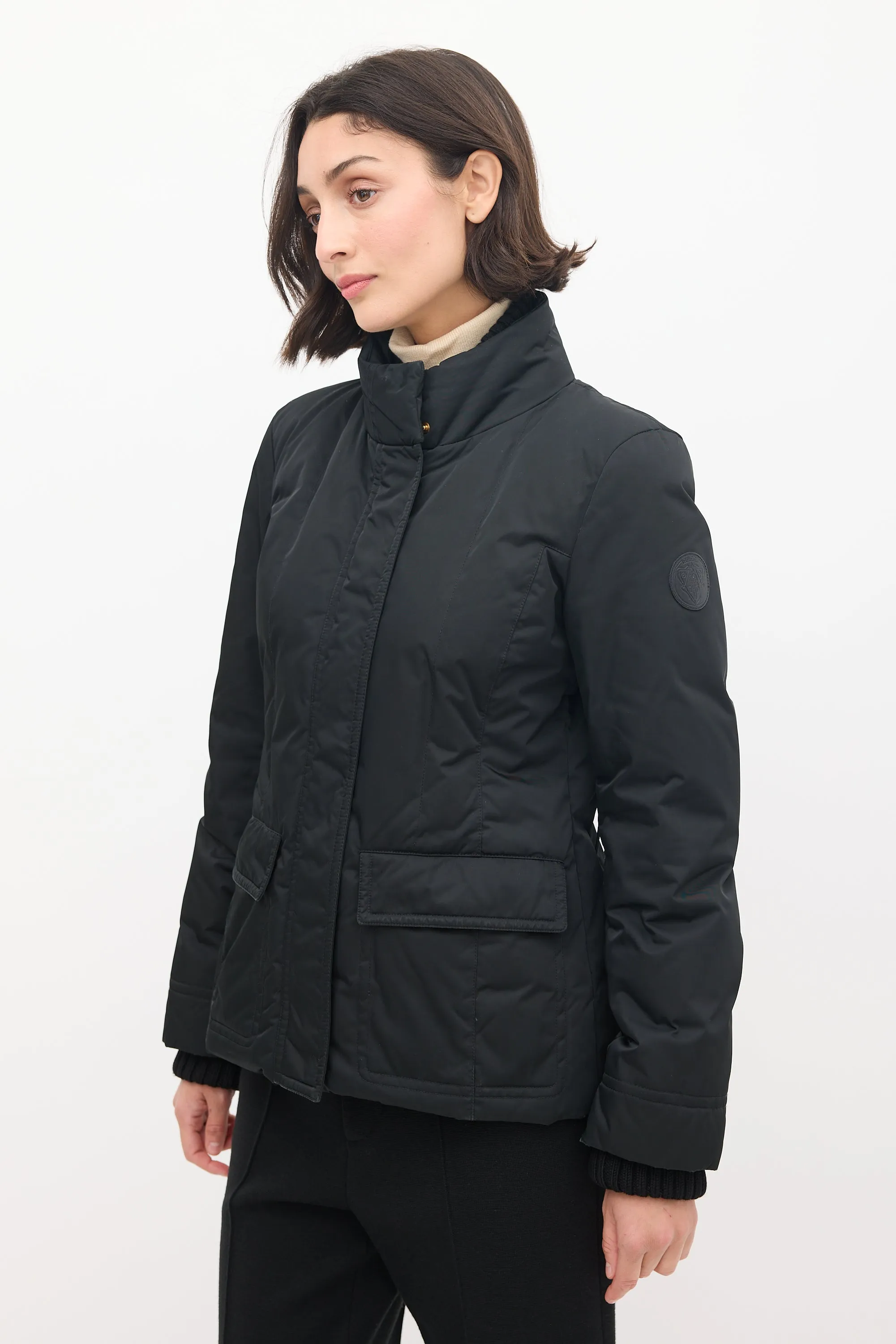 Black Nylon Down Ribbed Jacket