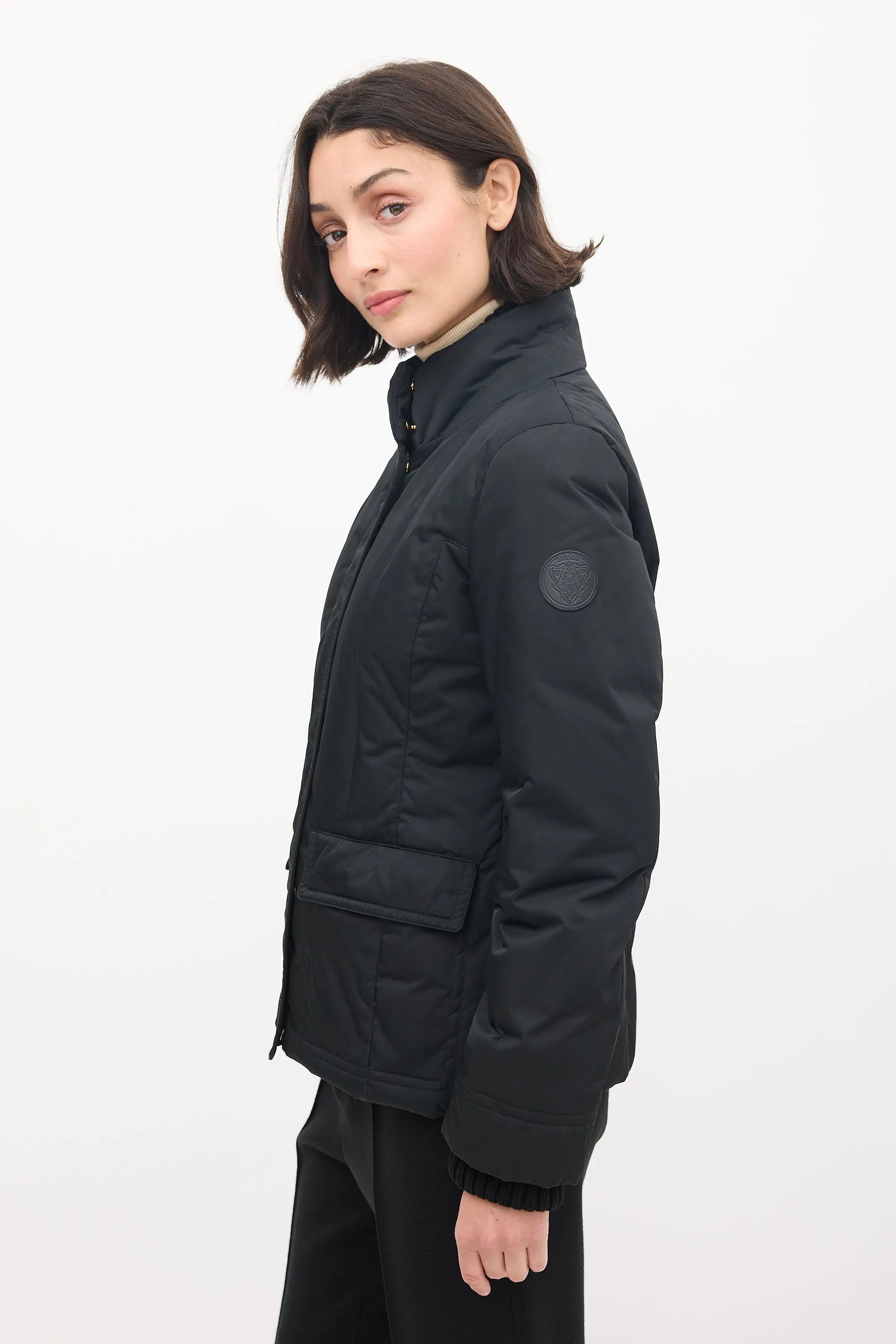 Black Nylon Down Ribbed Jacket