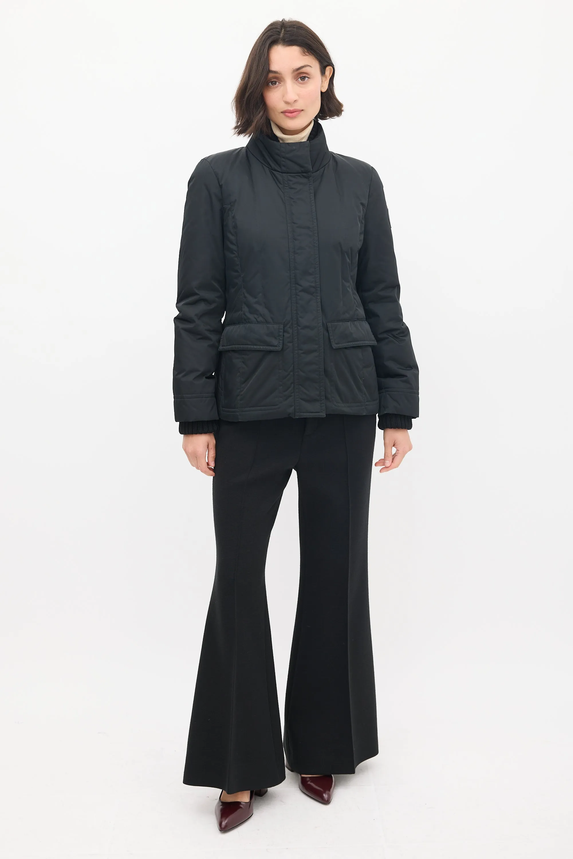 Black Nylon Down Ribbed Jacket