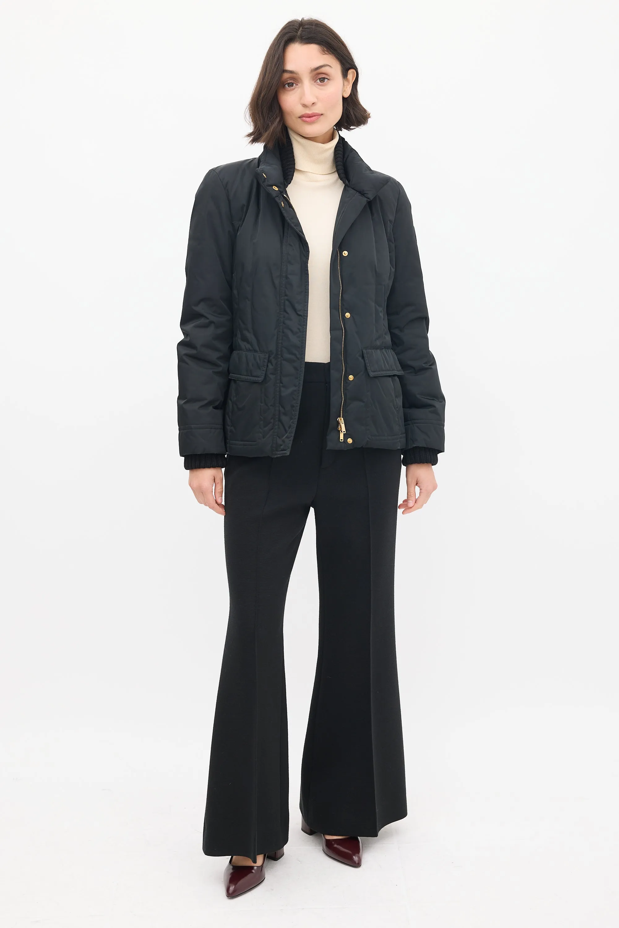 Black Nylon Down Ribbed Jacket