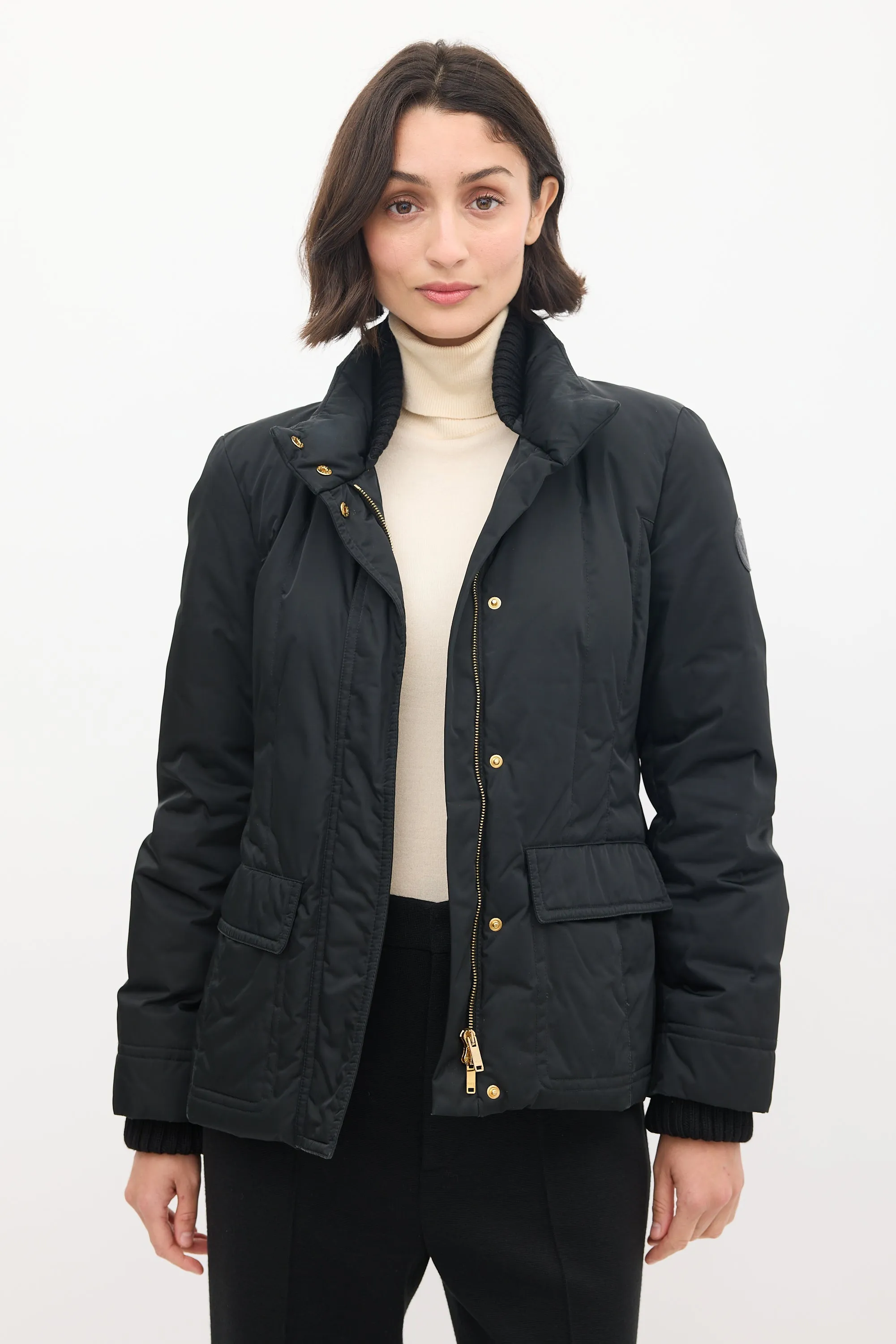 Black Nylon Down Ribbed Jacket