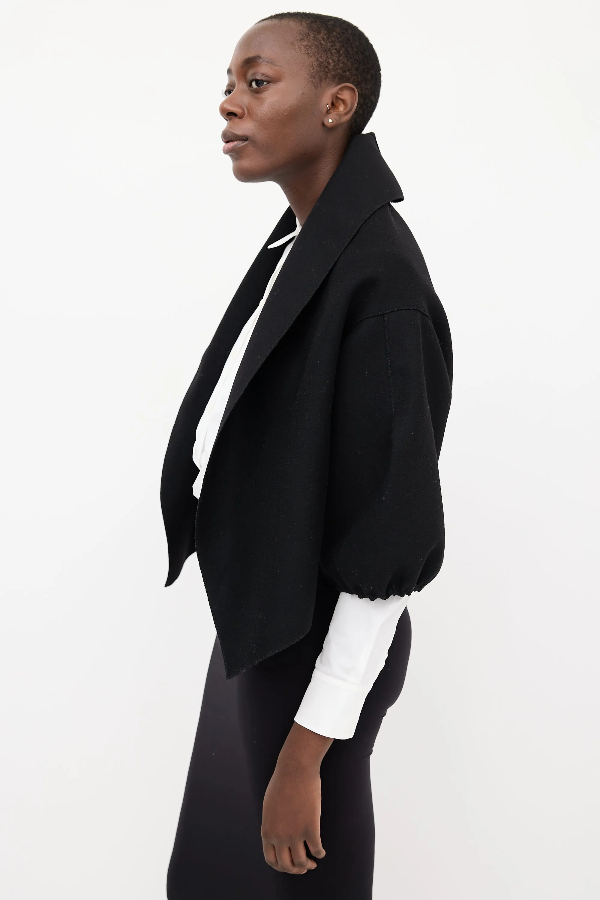 Black Wool Puff Sleeve Bolero Jacket