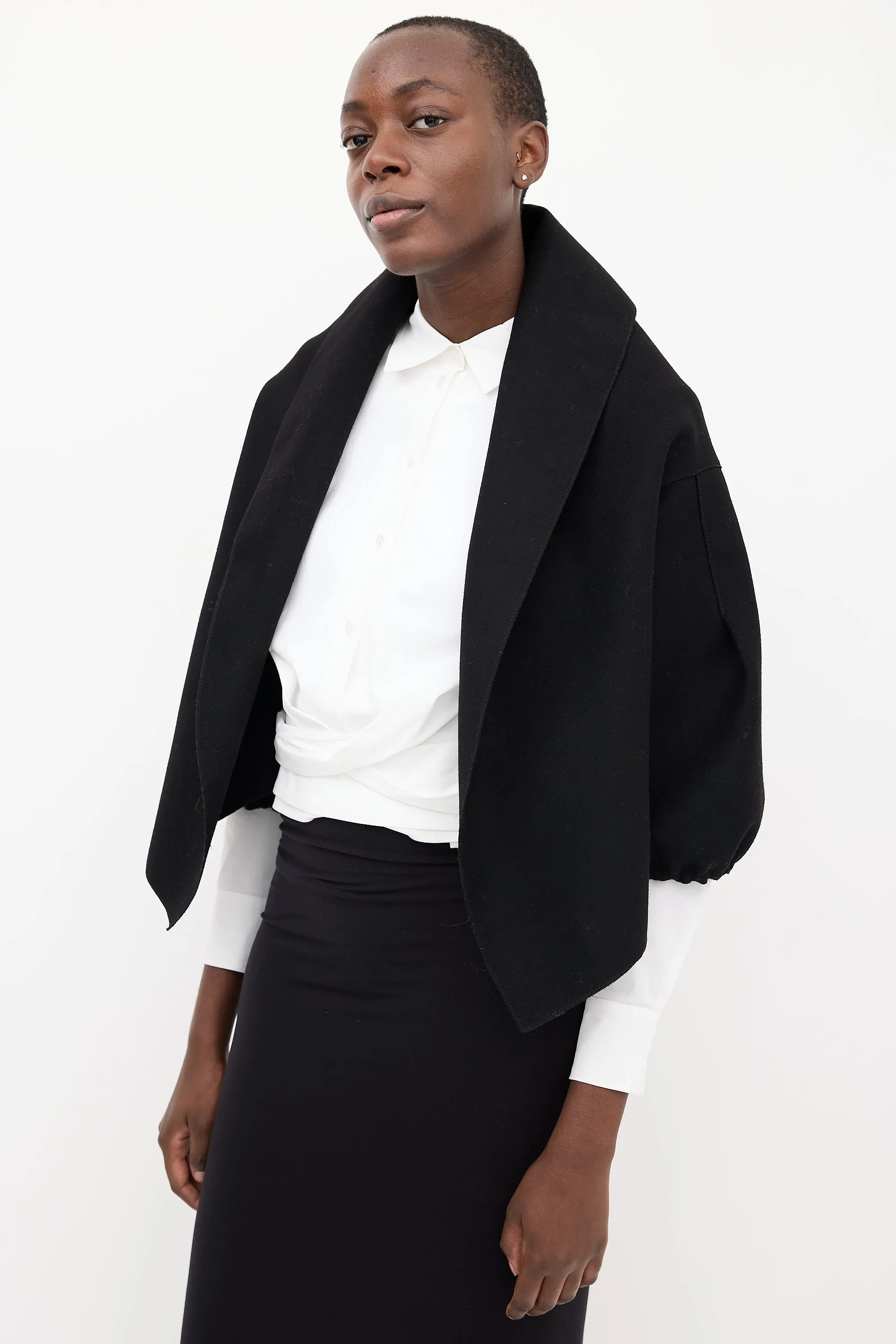 Black Wool Puff Sleeve Bolero Jacket