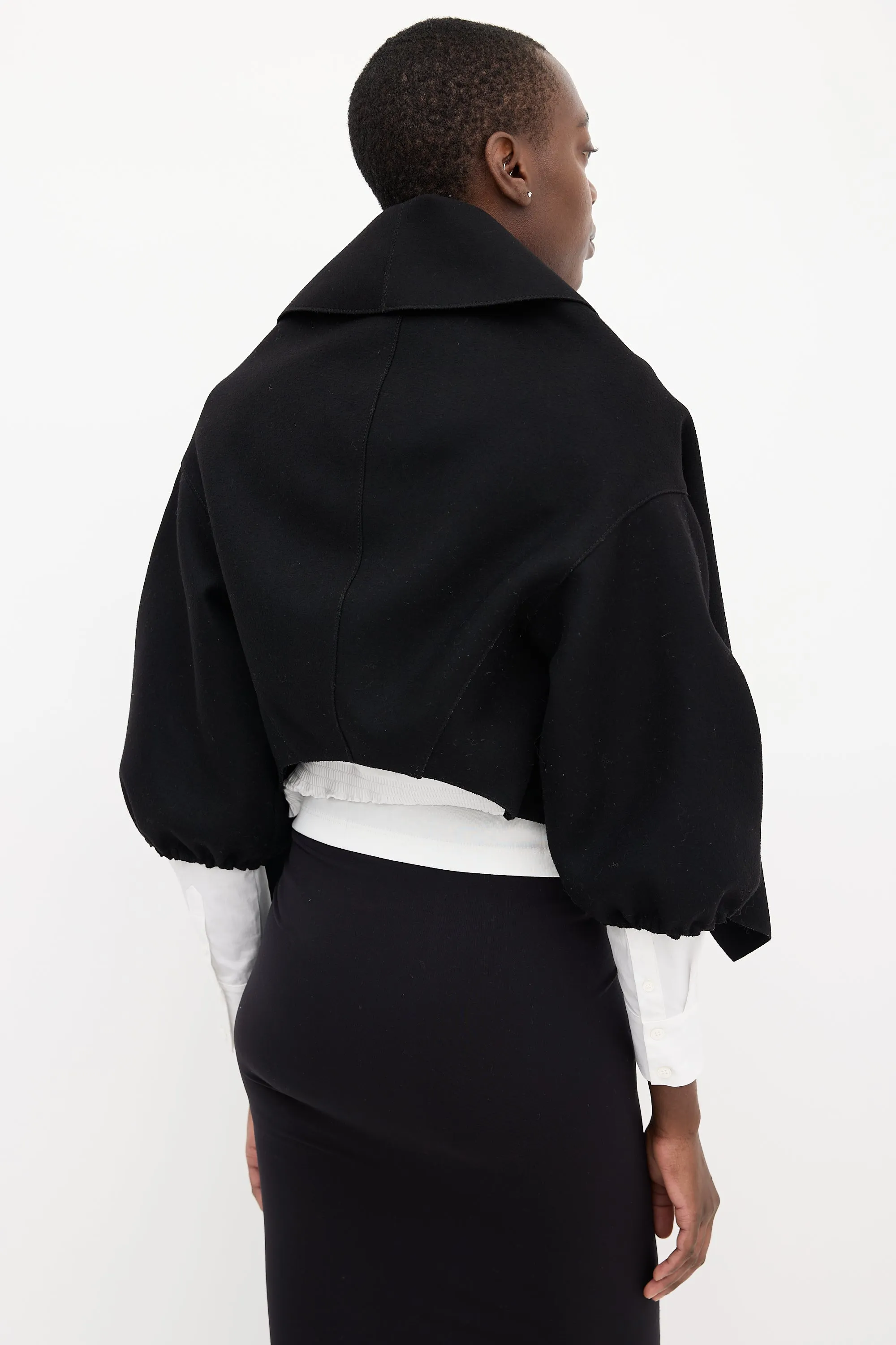 Black Wool Puff Sleeve Bolero Jacket