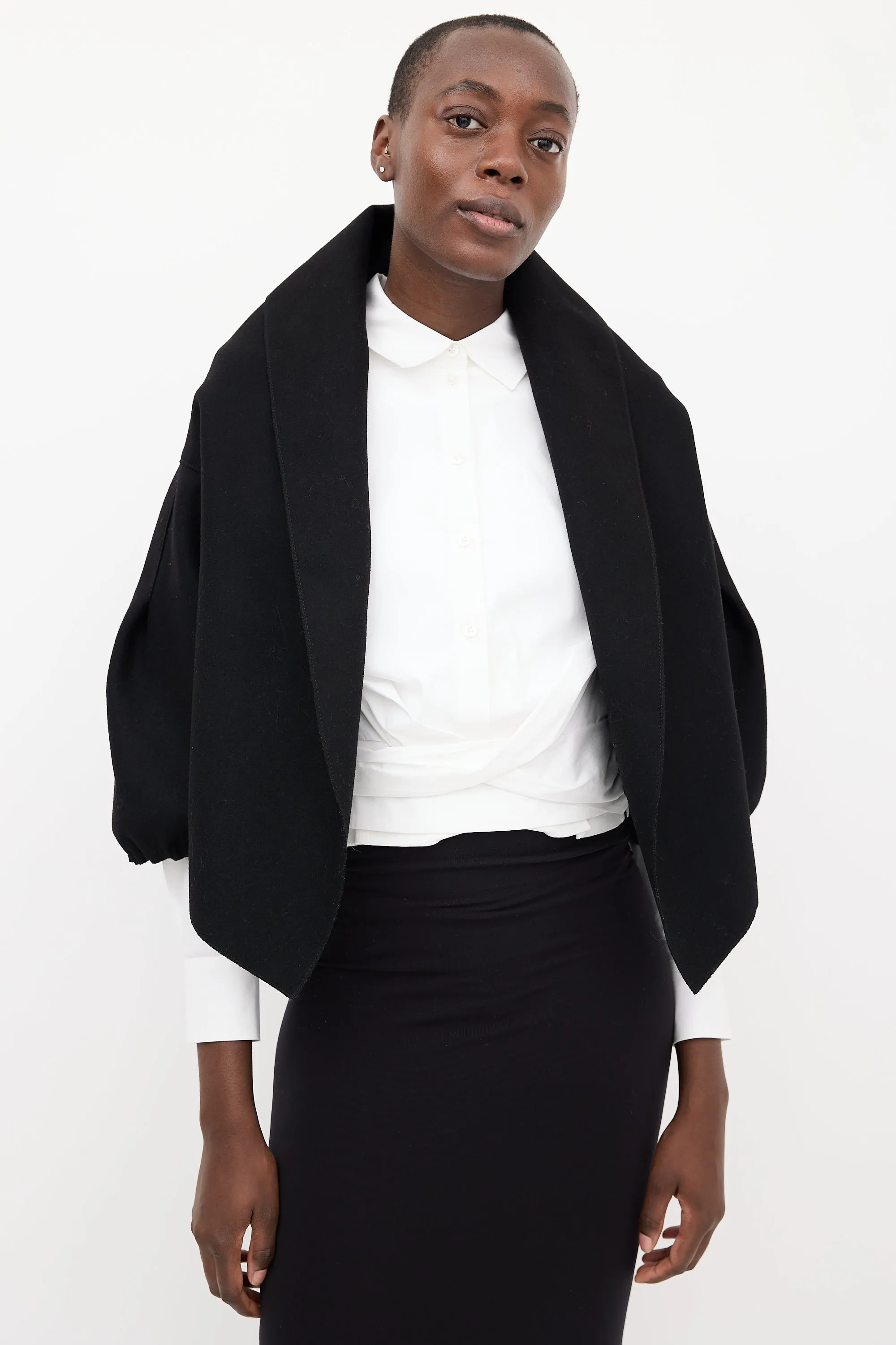 Black Wool Puff Sleeve Bolero Jacket