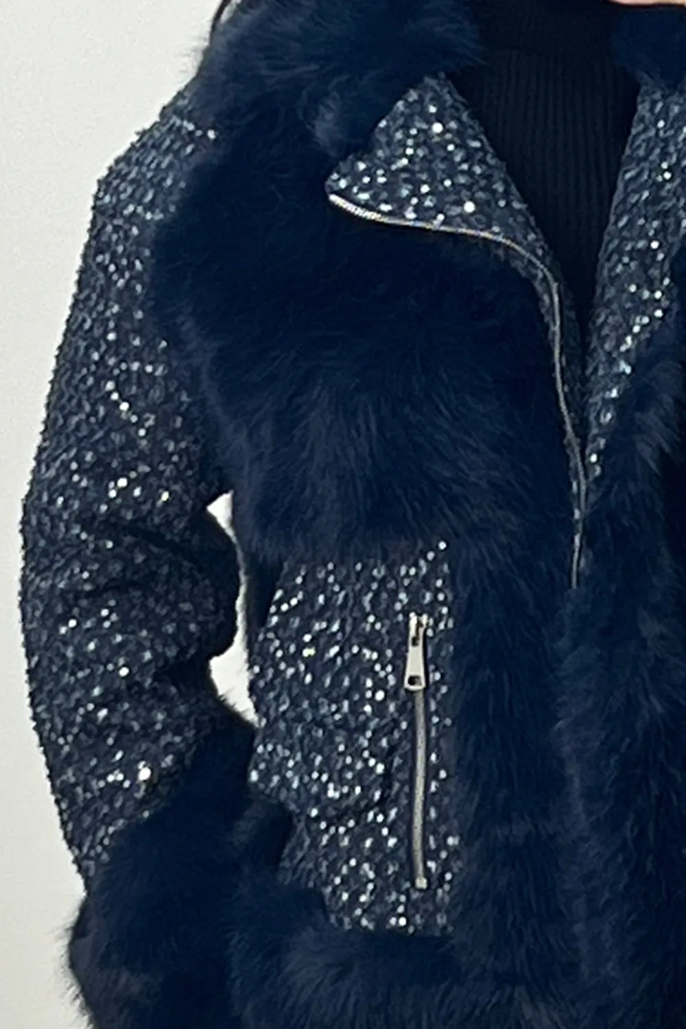 Colleen Navy Embellished Faux Fur Denim Biker Jacket