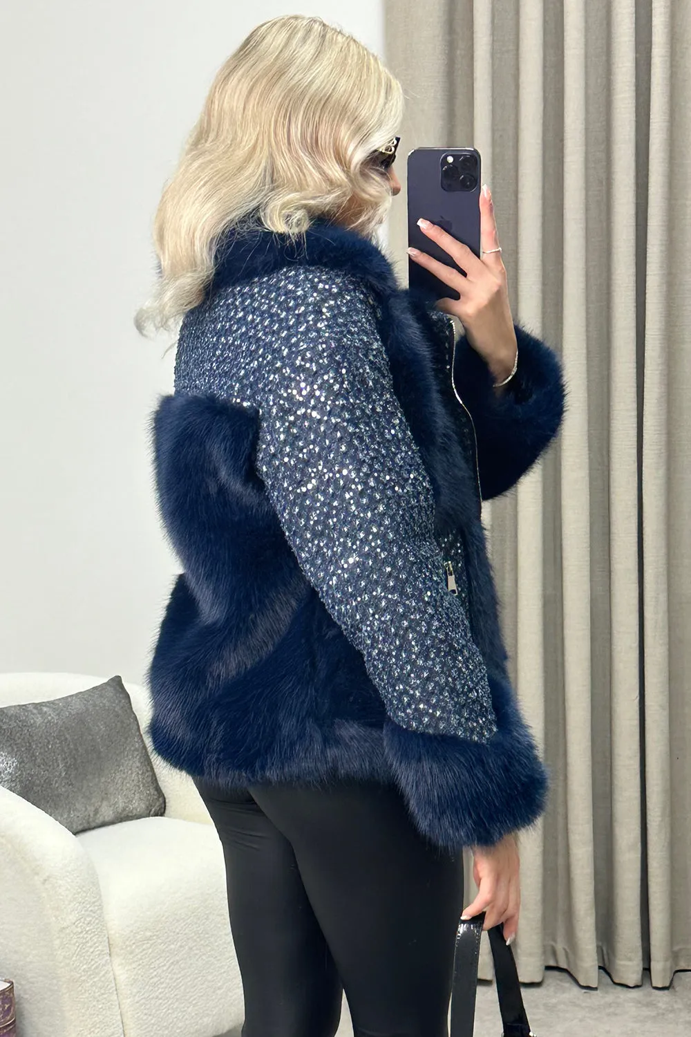 Colleen Navy Embellished Faux Fur Denim Biker Jacket