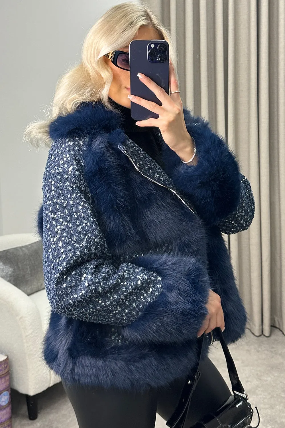 Colleen Navy Embellished Faux Fur Denim Biker Jacket