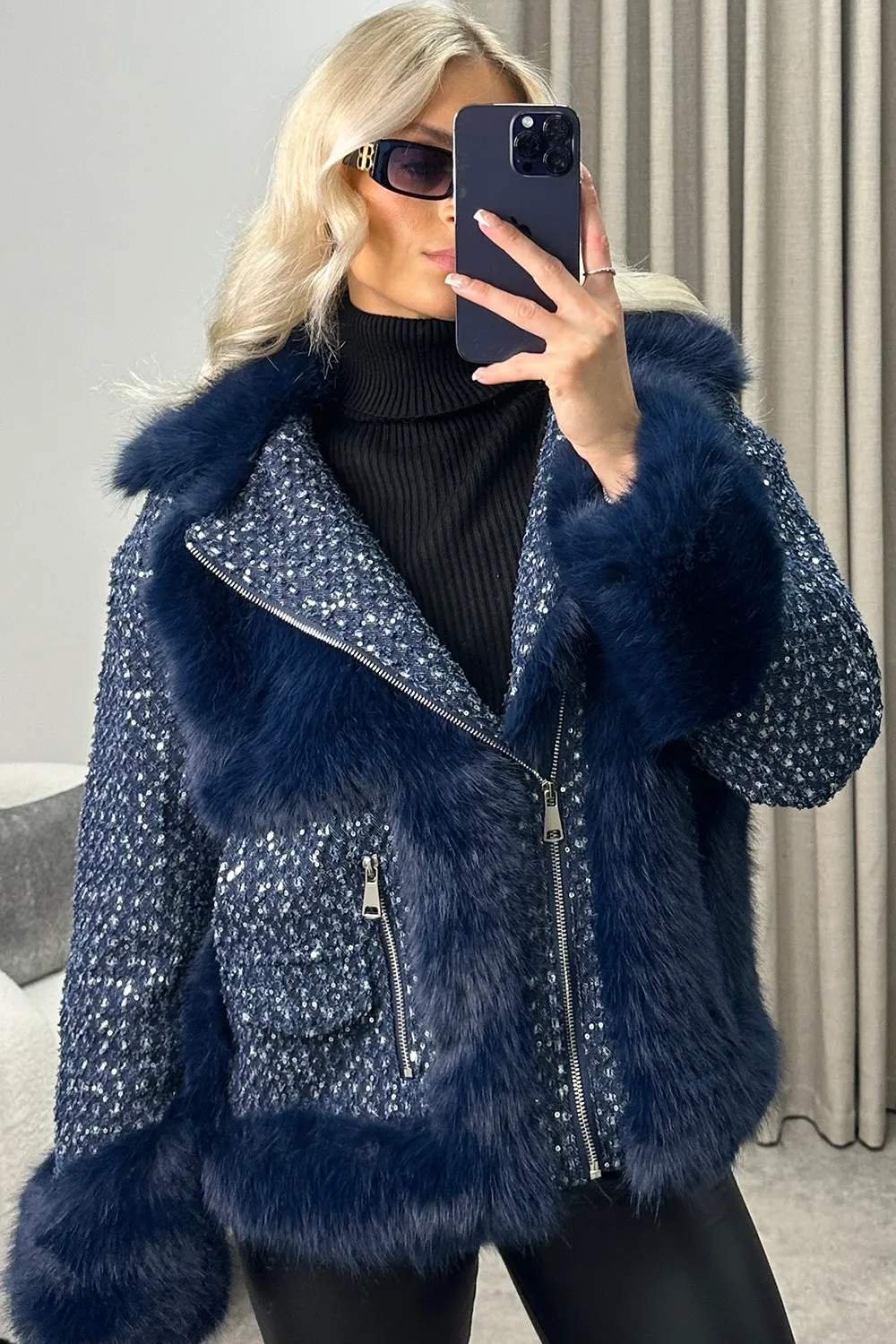 Colleen Navy Embellished Faux Fur Denim Biker Jacket