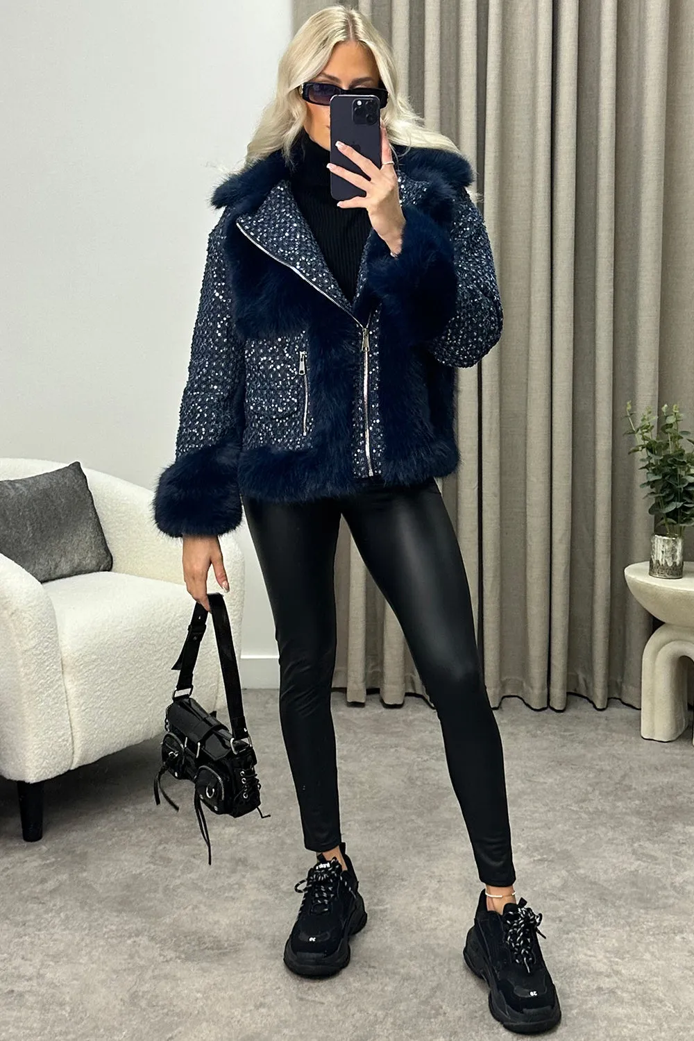 Colleen Navy Embellished Faux Fur Denim Biker Jacket