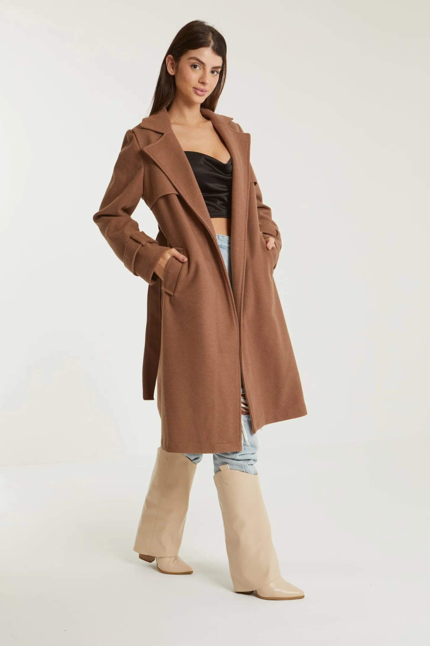 ESSENTIAL WOOL BELTED COAT - BROWN