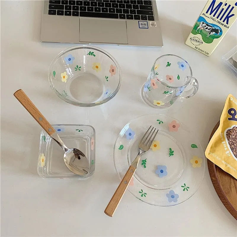 Fresh and Lovely Korean Style Breakfast Bowl Plate Glass Set