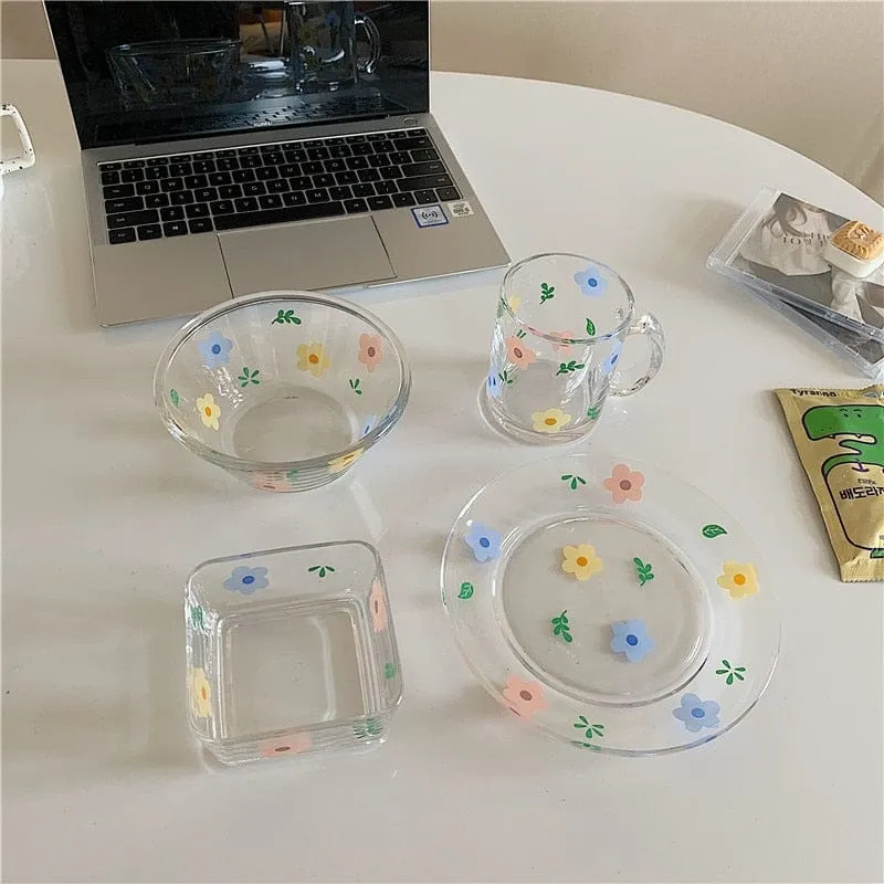 Fresh and Lovely Korean Style Breakfast Bowl Plate Glass Set