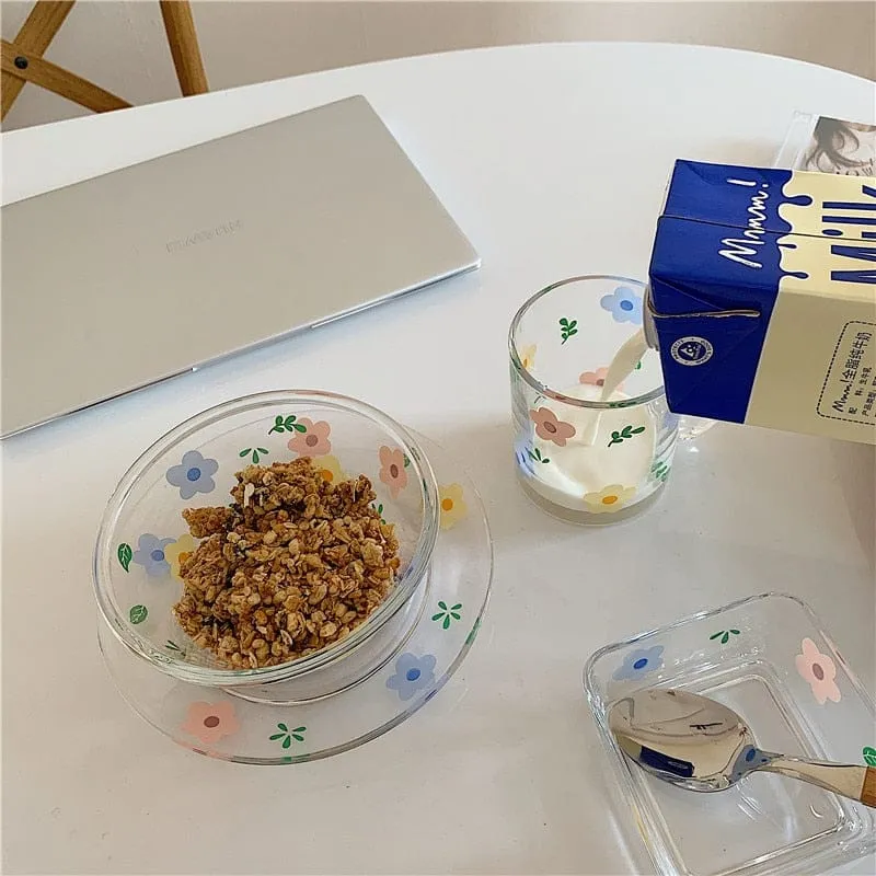 Fresh and Lovely Korean Style Breakfast Bowl Plate Glass Set