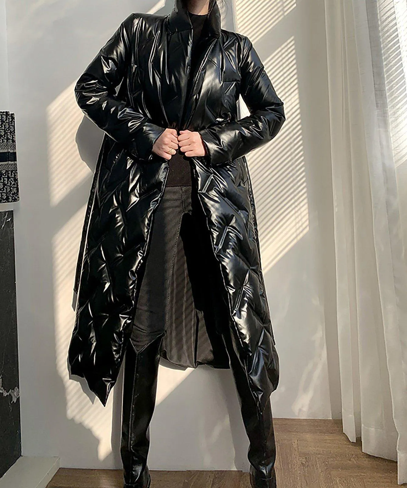 Stylish Glossy Longline Belted Down Puffer Coat