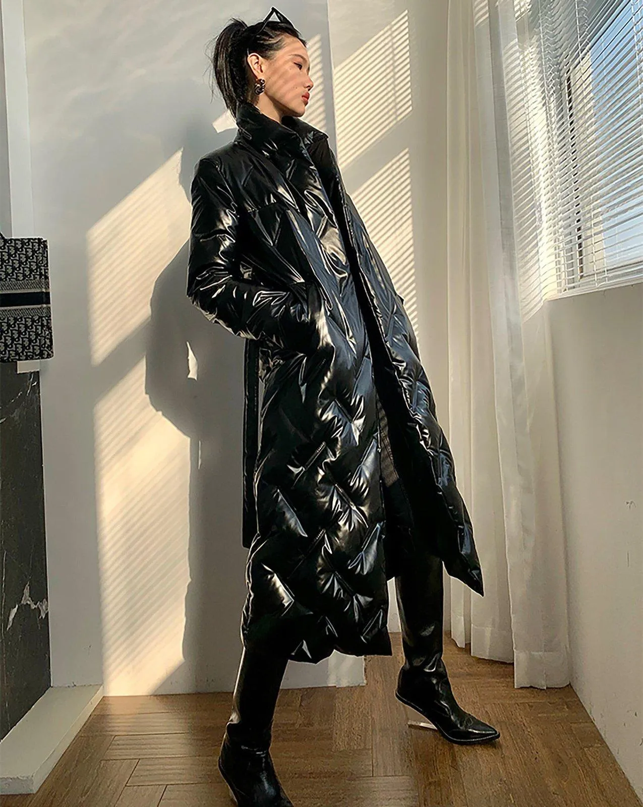Stylish Glossy Longline Belted Down Puffer Coat
