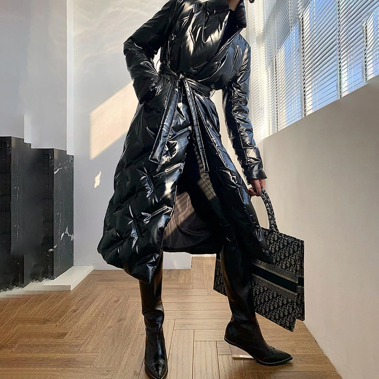 Stylish Glossy Longline Belted Down Puffer Coat
