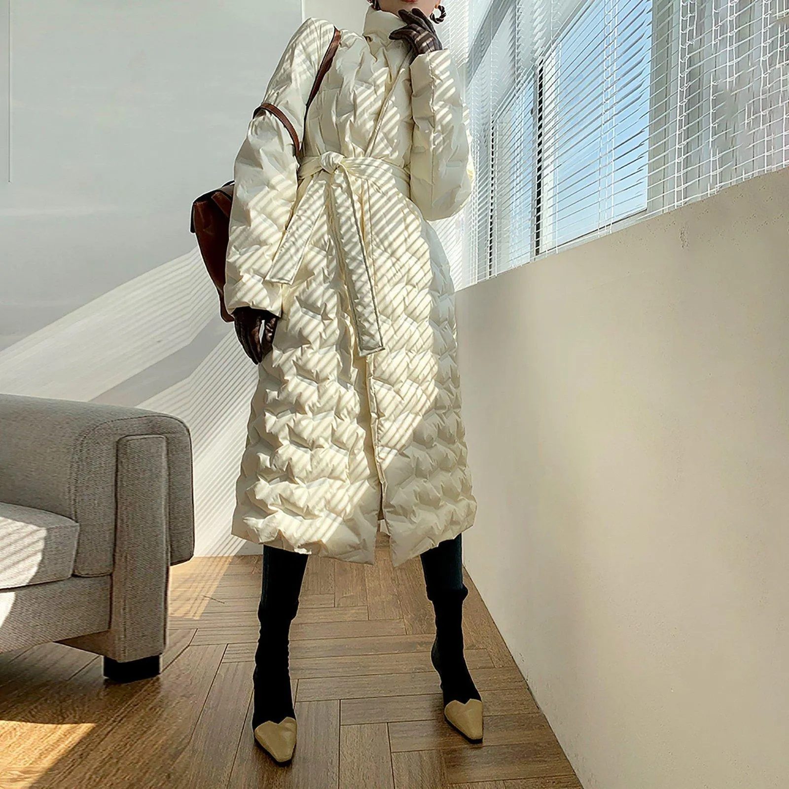Stylish Glossy Longline Belted Down Puffer Coat