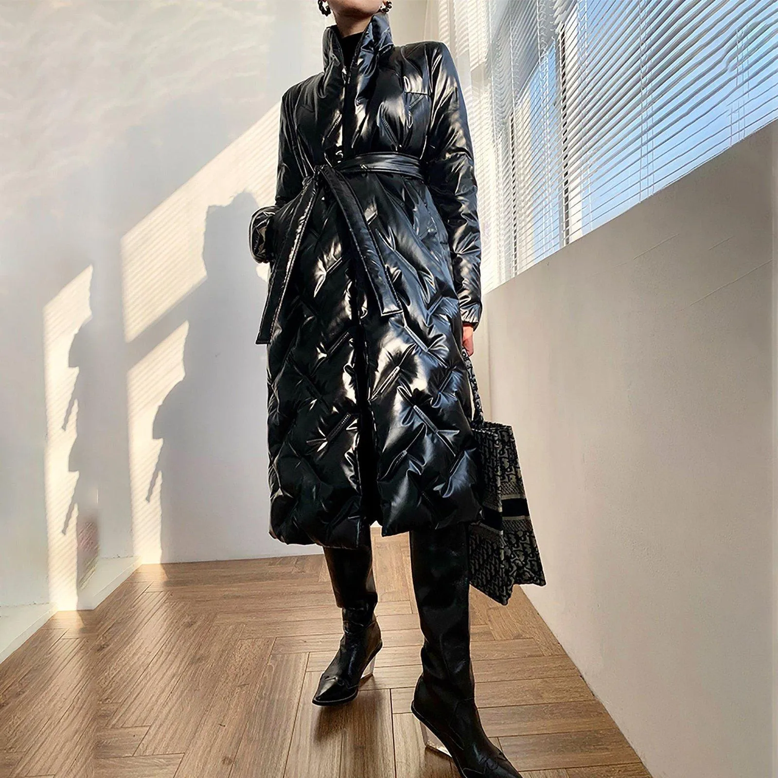 Stylish Glossy Longline Belted Down Puffer Coat