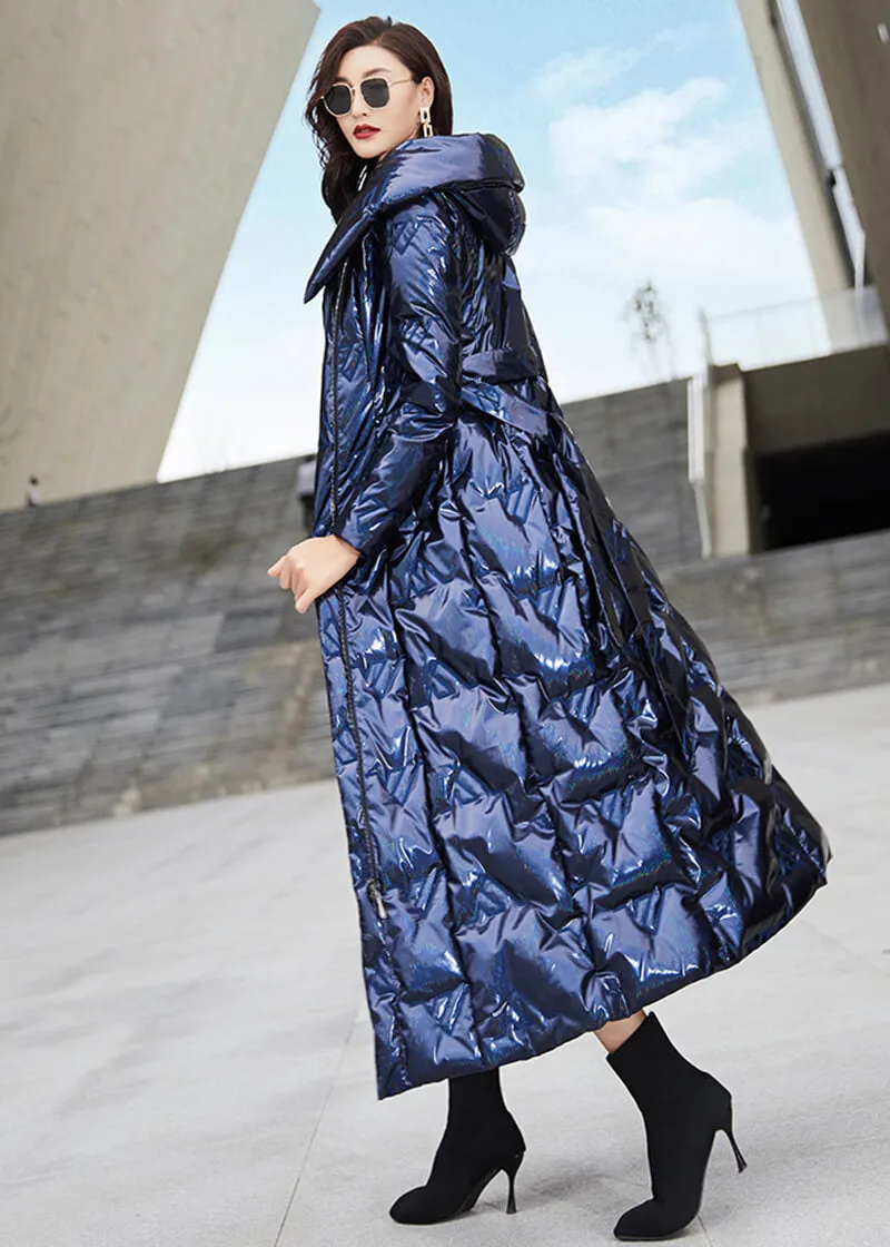 Glossy Blue Hooded Belted Long Down Puffer Parka