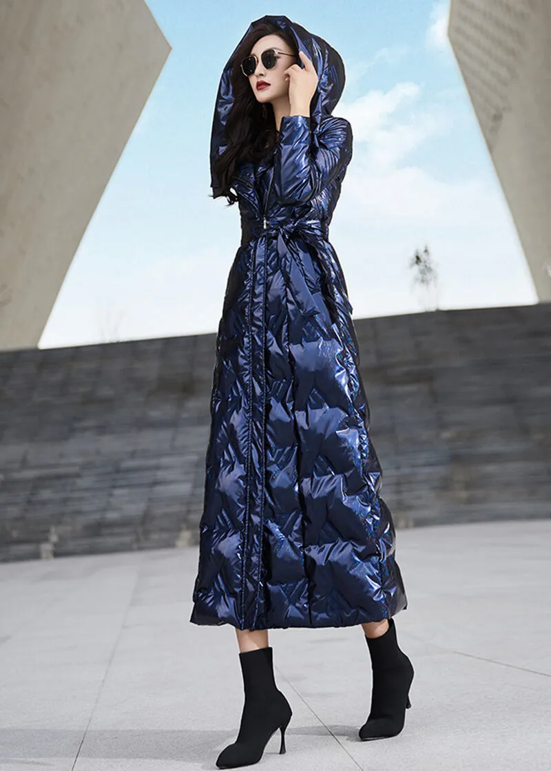 Glossy Blue Hooded Belted Long Down Puffer Parka