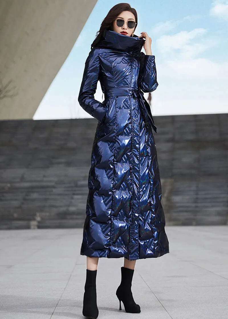 Glossy Blue Hooded Belted Long Down Puffer Parka