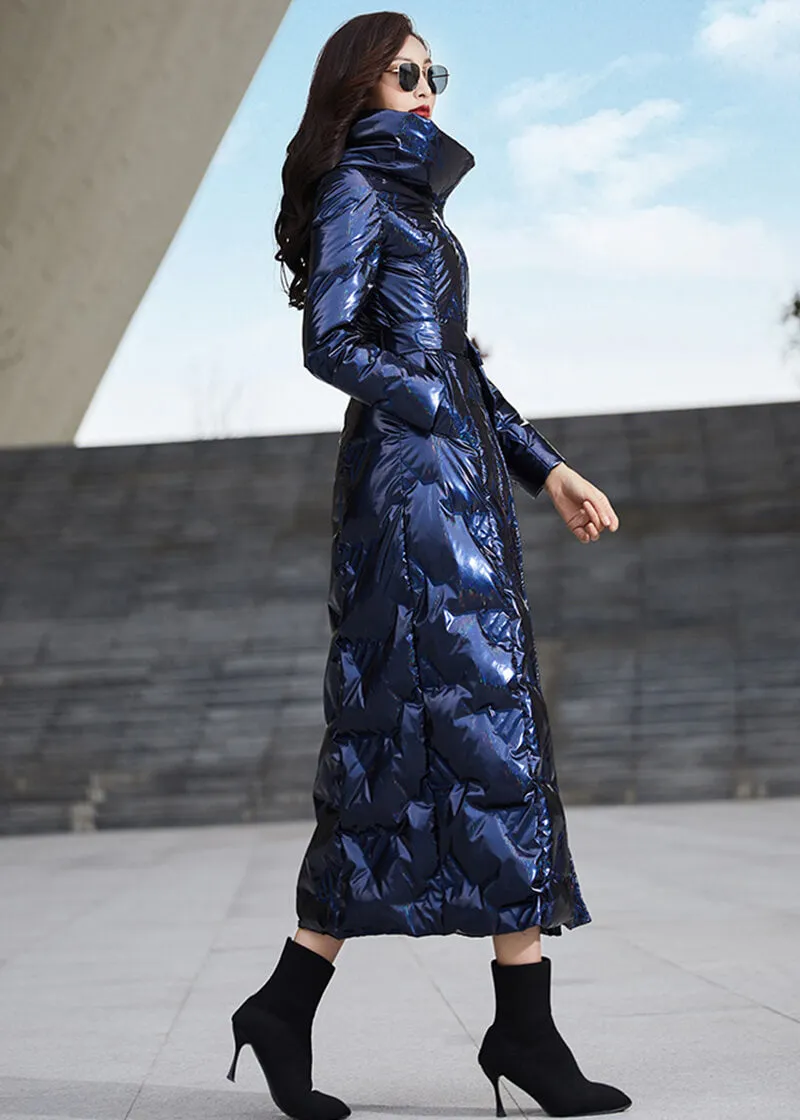 Glossy Blue Hooded Belted Long Down Puffer Parka