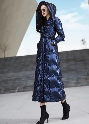 Glossy Blue Hooded Belted Long Down Puffer Parka