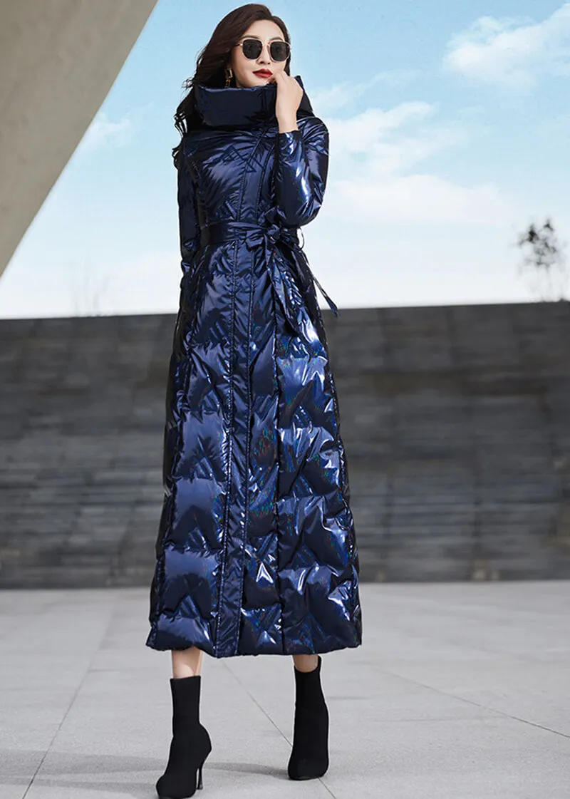 Glossy Blue Hooded Belted Long Down Puffer Parka