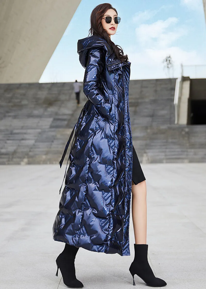 Glossy Blue Hooded Belted Long Down Puffer Parka