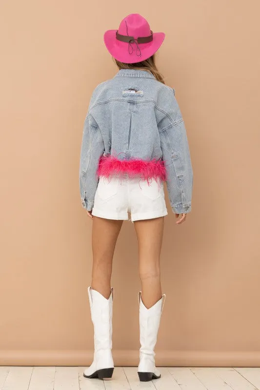 Hot Pink Denim Oversized Fur Crop Denim Jacket