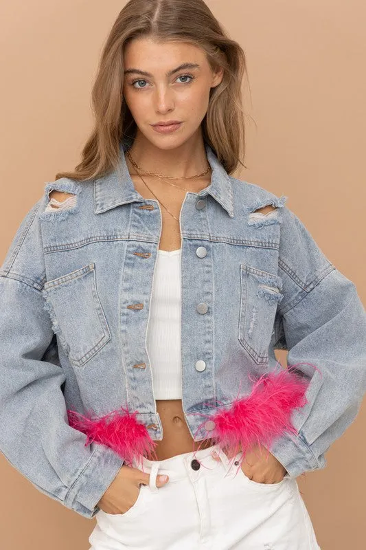 Hot Pink Denim Oversized Fur Crop Denim Jacket